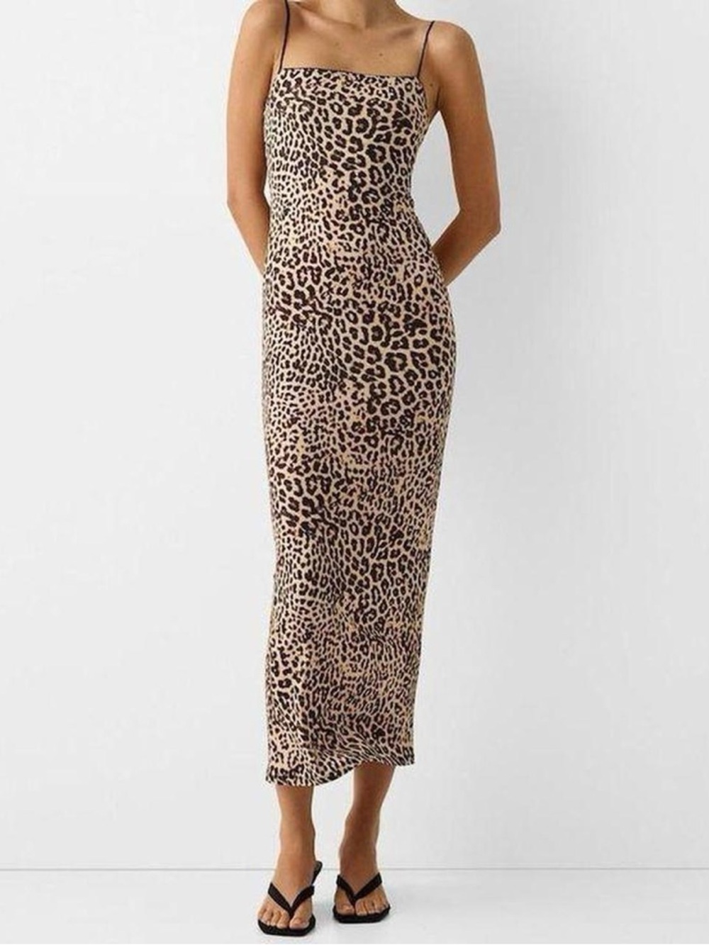 Bershka Leopard-Print Slip Dress in Black and Tan
